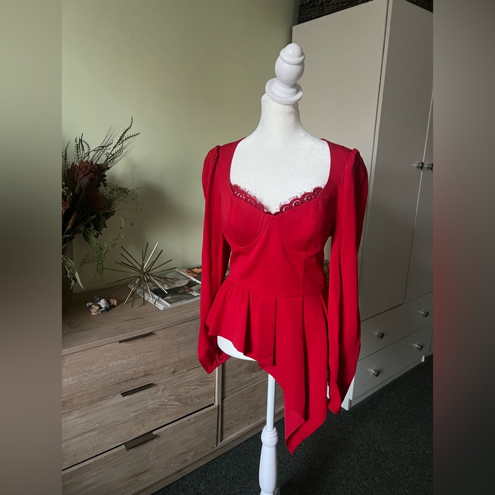 SELF PORTRAIT Red Crepe Peplum Corset Bustier Top Shirt Long-Sleeve Formal Sz 8 - Picture 9 of 16